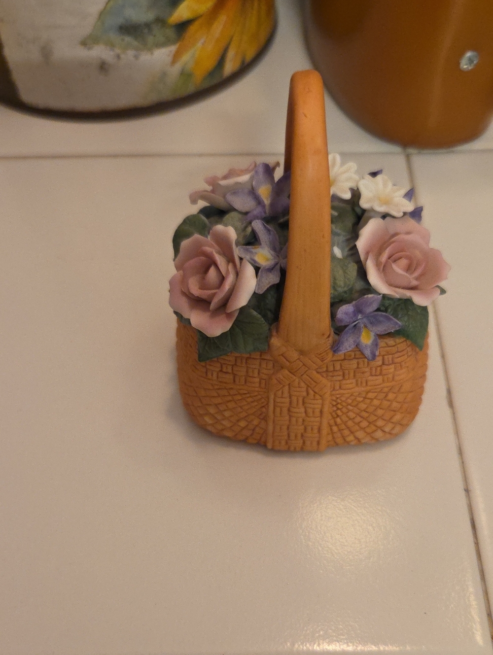 Porcelain Flower Basket Figurine - Pink, Purple, White Floral Accent. Sold Ad Is
